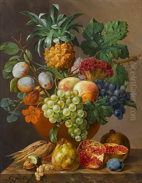 A Still Life With Mixed Fruit And Flowers On A Ledge Oil Painting by Georgius Jacobus J. Van Os