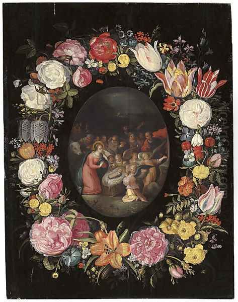 The Adoration of the Shepherds surrounded by a floral garland Oil Painting by Frans II Francken