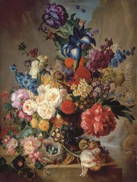 Roses, Peonies, Irises, 
Hollyhocks, Narcissi, Blazing Star,primulas, Marigolds And Other Flowers
 With A Five-spot Burnet Mothin A Vase With A River God Carved In Relief
 On A Plinth Withtulips, Morning Glory, Clematis Oil Painting by Georgius Jacobus J. Van Os