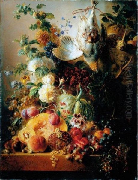 A Still Life Of Fruit Including 
Melons, Grapes, A Pomegranate, Plums And Peaches, Together With Nuts, 
Red Peppers, Flowers, A Snipe And A Partridge, All Upon A Ledge Oil Painting by Georgius Jacobus J. Van Os