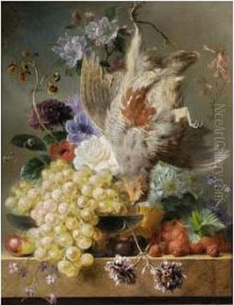 A Still Life With Flowers, Fruit And A Partridge Oil Painting by Georgius Jacobus J. Van Os