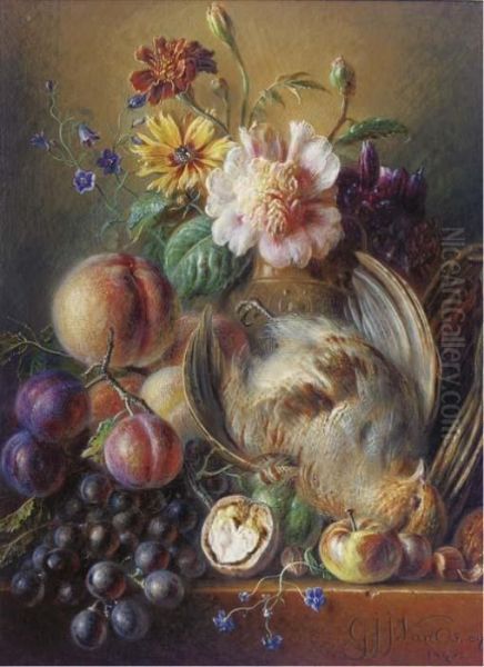 Partridge, Prunes, Peaches, Grapes And Flowers In A Vase On A Ledge Oil Painting by Georgius Jacobus J. Van Os