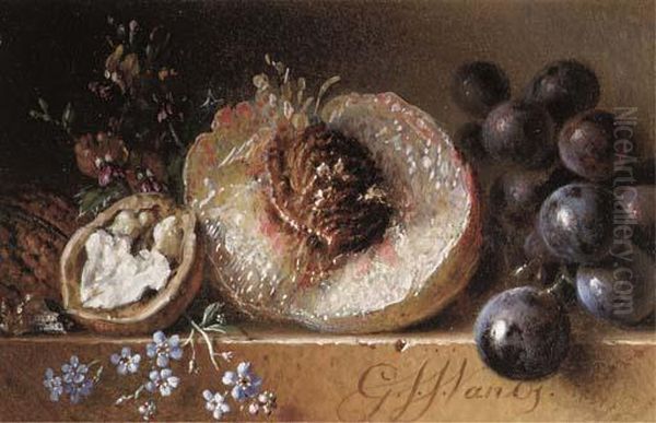 Walnuts, Peach And Grapes On A Stone Ledge Oil Painting by Georgius Jacobus J. Van Os