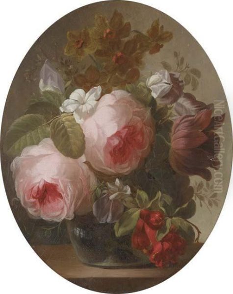 Roses, Jasmine, A Tulip And Other Flowers In A Glass Vase On A Ledge Oil Painting by Georgius Jacobus J. Van Os