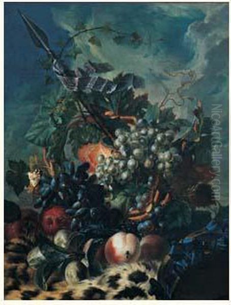 Nature Morte De Raisins, Peches Et Prunes Pres D'un Tambourin
 Disposes Sur Une Peau De Panthere Oil Painting by Georgius Jacobus J. Van Os