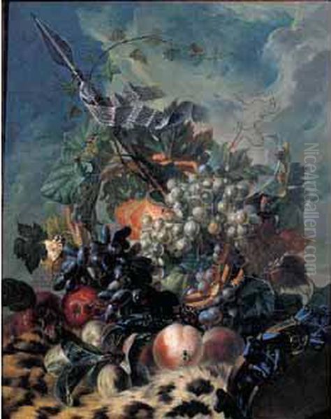 Nature Morte De Raisins, Peches Et Prunes Pres D'un Oil Painting by Georgius Jacobus J. Van Os