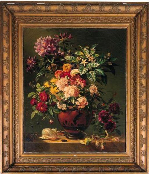 Kapitaal Bloemstuk: Flowers In A Greek Terracotta Vase With Shellson A Ledge Oil Painting by Georgius Jacobus J. Van Os