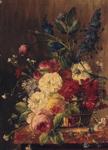 Roses And Other Summer Flowers In A Basket On A Ledge Oil Painting by Georgius Jacobus J. Van Os