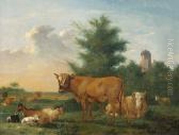 Kuhe Und Schafe Auf Sommerlicher Weide Oil Painting by Pieter Gerardus Van Os