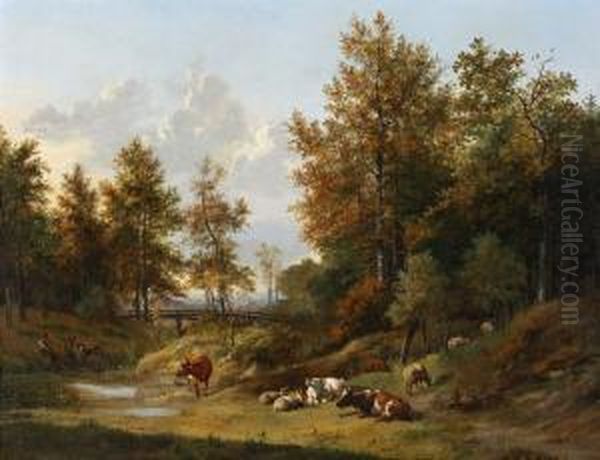 Rustend Vee In Boomrijk Landschap Oil Painting by Pieter Gerardus Van Os