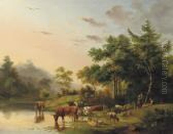 Cattle Drinking From The River Oil Painting by Pieter Gerardus Van Os