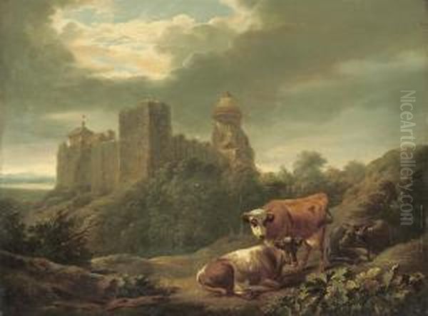 Cows In A Mountain Landscape With A Castle Beyond Oil Painting by Pieter Gerardus Van Os