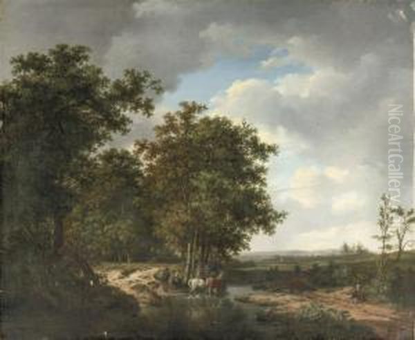 Horses In A Stream On The Edge Of A Forest Oil Painting by Pieter Gerardus Van Os