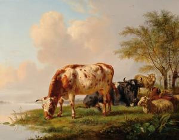 Landscape With Cows Andsheep Oil Painting by Pieter Gerardus Van Os