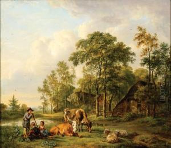 A Landscape With Shepherdsand Cattle Oil Painting by Pieter Gerardus Van Os