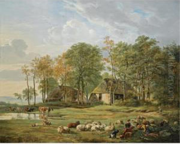 Resting Herdsmen Near A Farmstead Oil Painting by Pieter Gerardus Van Os