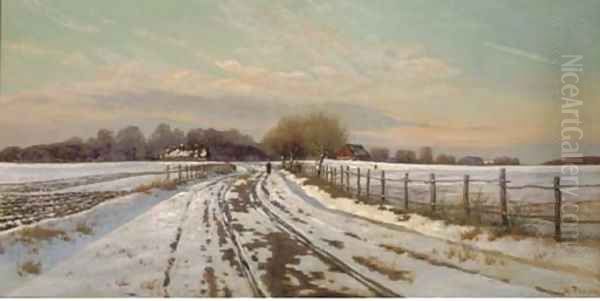 A figure in a winter landscape Oil Painting by Hans Gabriel Friis