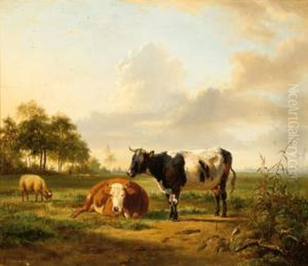 A Landscape With Two Cows And A Sheep Oil Painting by Pieter Gerardus Van Os