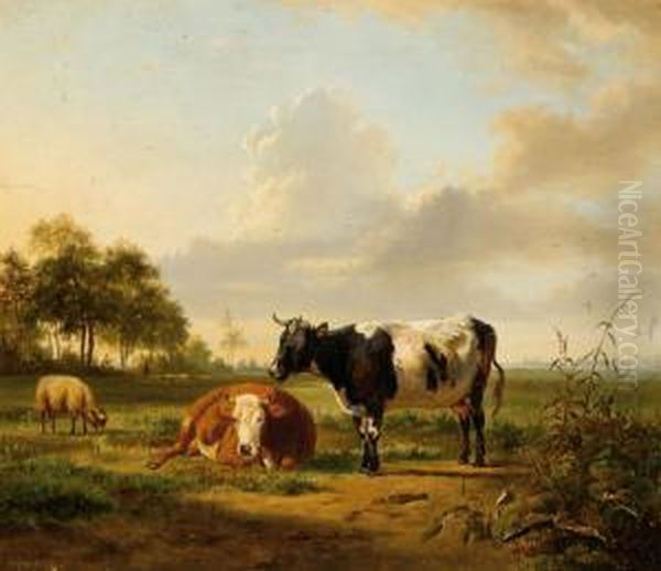 A Landscape With Two Cows And A Sheep Oil Painting by Pieter Gerardus Van Os