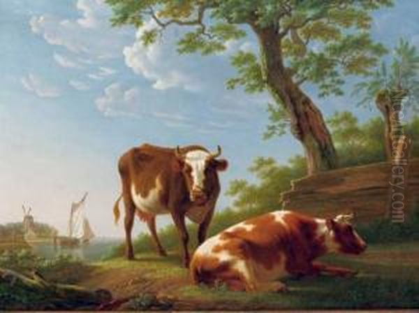 Two Cows Under A Tree In A River Landscape Oil Painting by Pieter Gerardus Van Os