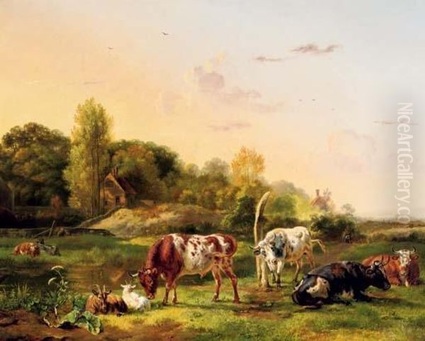 Cattle In A Meadow On A Sunny Day Oil Painting by Pieter Gerardus Van Os