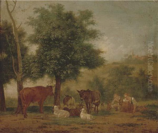 A Young Couple Resting Under A Tree With Animal Companions Oil Painting by Pieter Gerardus Van Os