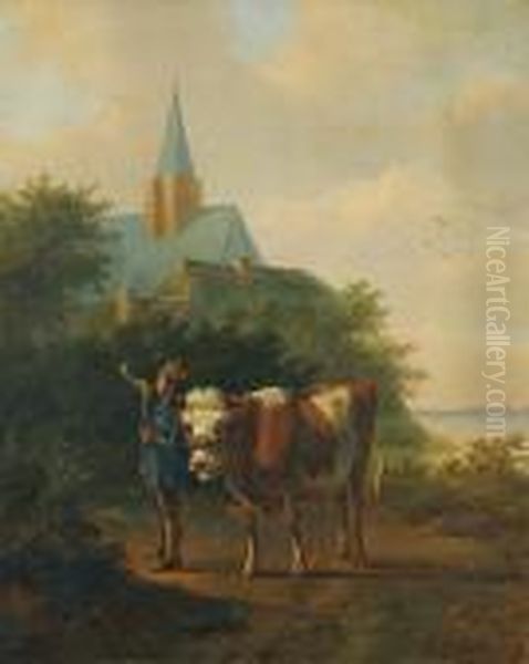 Scene Pastorale Devant Une Eglise. Oil Painting by Pieter Gerardus Van Os