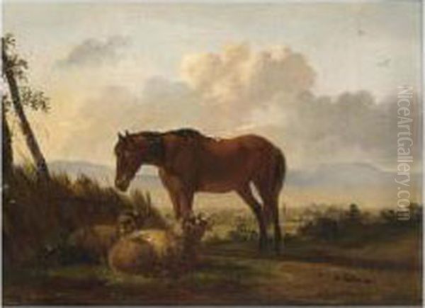 A Horse And Sheep In A Landscape Oil Painting by Pieter Gerardus Van Os