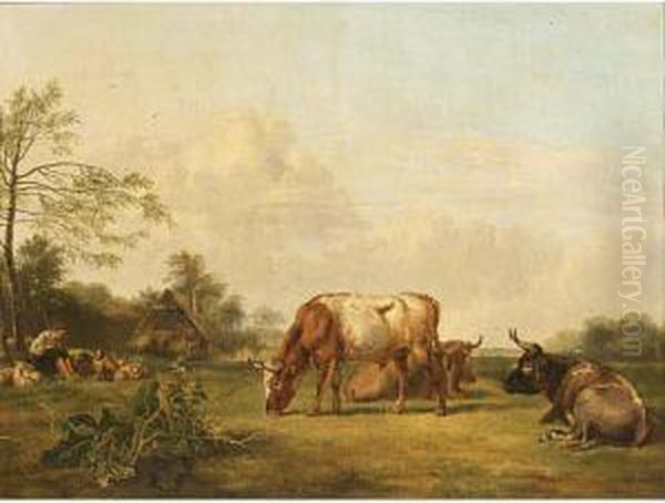 Grazing Cows In A Summer Landscape, A Shepherd And His Flock In The Background Oil Painting by Pieter Gerardus Van Os