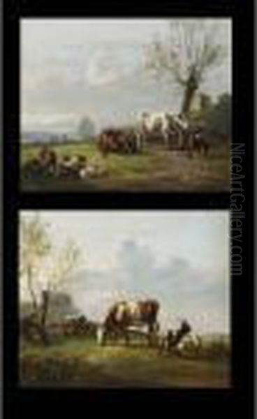 A Shepherd And His Flock; Cattle In A Meadow (a Pair) Oil Painting by Pieter Gerardus Van Os