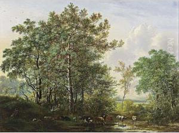 Cows In A Wooded Landscape Oil Painting by Pieter Gerardus Van Os