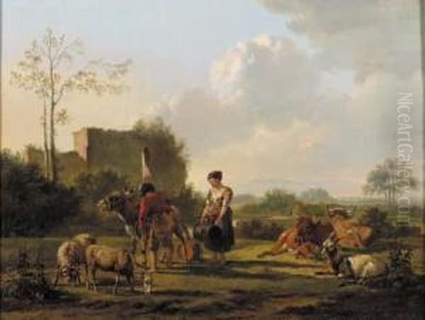 Landschap Met Vee: Landscape With Cattle; Het Melkuur: Milkingtime Oil Painting by Pieter Gerardus Van Os