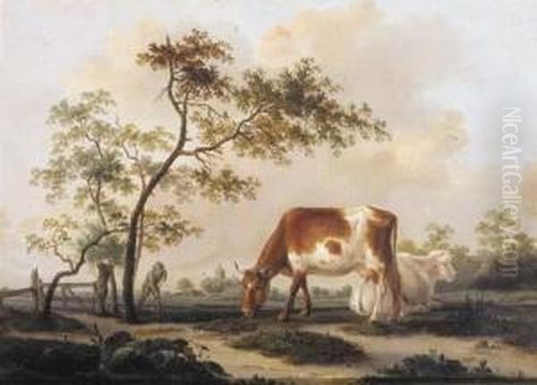 Cows On A Farmyard With A Village In The Distance Oil Painting by Pieter Gerardus Van Os