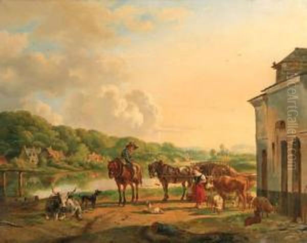 A Sunlit River Landscape With Peasants Conversing By A Barn Oil Painting by Pieter Gerardus Van Os