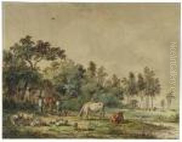 A Wooded Landscape With Peasants And Cattle By A Farm Oil Painting by Pieter Gerardus Van Os