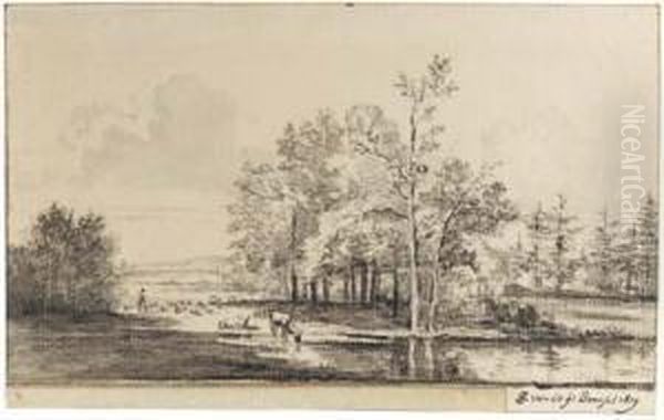 A Pond In A Wood With A Herdsman Watering His Cattle Oil Painting by Pieter Gerardus Van Os