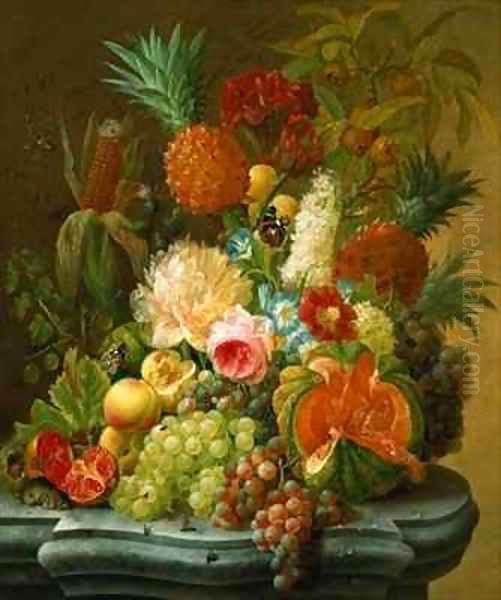 Still Life with a Melon and Grapes Oil Painting by Johannes Hendrick Fredriks