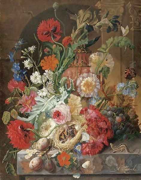 Irises, peonies, roses, and other flowers surrounding a terracotta urn, with a birds' nest, grapes, and plums Oil Painting by Johannes Hendrick Fredriks