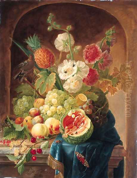 Melons, grapes, a lemon, peaches, plums, cherries, white currants, gooseberries, a bird's nest, a pineapple and hollyhocks on a draped marble ledge Oil Painting by Johannes Hendrick Fredriks