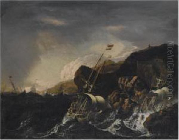 Shipping In A Heavy Storm Along A
 Rocky Coast, A Shipwreck Inthe Foreground, Figures Coming To The Rescue
 On The Shore Oil Painting by Matthieu Van Plattenberg