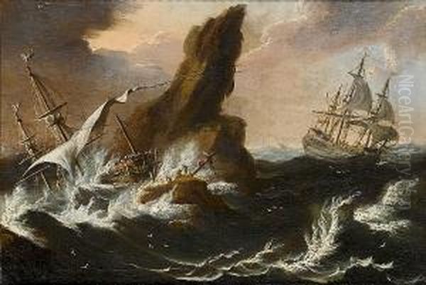 A Rocky Coastline With A Ship Foundering In Stormy Seas Oil Painting by Matthieu Van Plattenberg