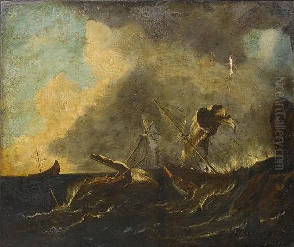 Shipping Foundering In Stormy Seas Off A Rocky Coastline Oil Painting by Matthieu Van Plattenberg