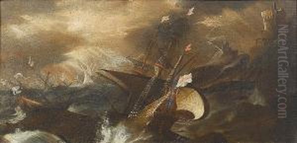 Shipping Foundering In Stormy Seas Off A Headland Oil Painting by Matthieu Van Plattenberg