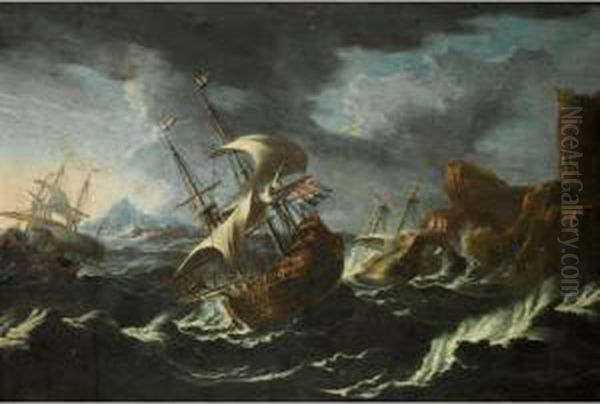 A Stormy Seascape With Shipping Off A Rocky Coast Oil Painting by Matthieu Van Plattenberg