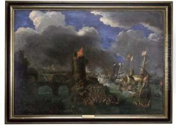 A Naval Skirmish Oil Painting by Matthieu Van Plattenberg