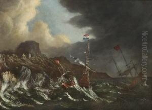 Segelschiffe Auf Sturmisch
 Bewegter See. Oil Painting by Matthieu Van Plattenberg