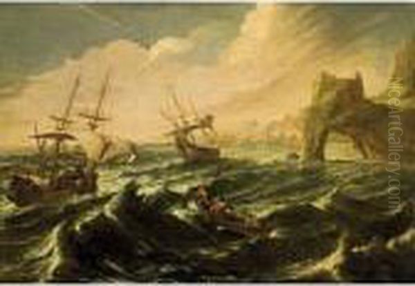 Shipping In Stormy Seas Oil Painting by Matthieu Van Plattenberg