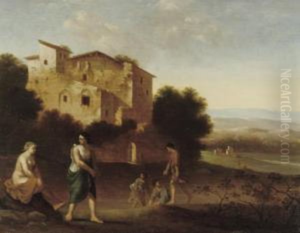 An Italianate Landscape With Figures Oil Painting by Cornelis Van Poelenburch