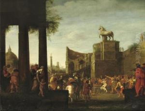 A 'capriccio' View Of Rome With The Martyrdom Of Saintlawrence Oil Painting by Cornelis Van Poelenburch