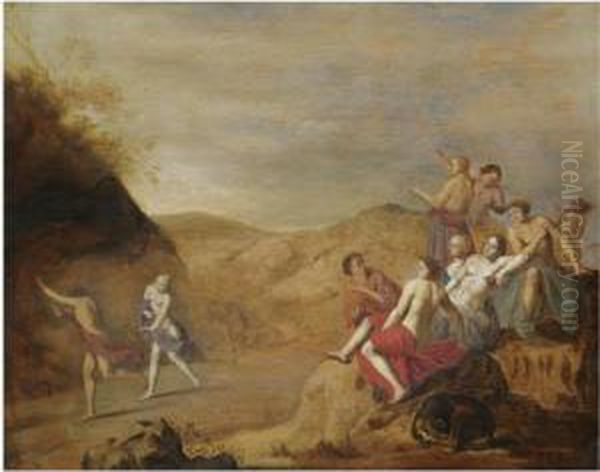 A Mythological Scene With A 
Nymph Pursuing A Young Man And Other Figures Resting In The Foreground 
With A Dog Oil Painting by Cornelis Van Poelenburch